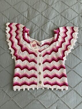 entro Chevron Crochet Button-Front Top in Cream and Pink Shades